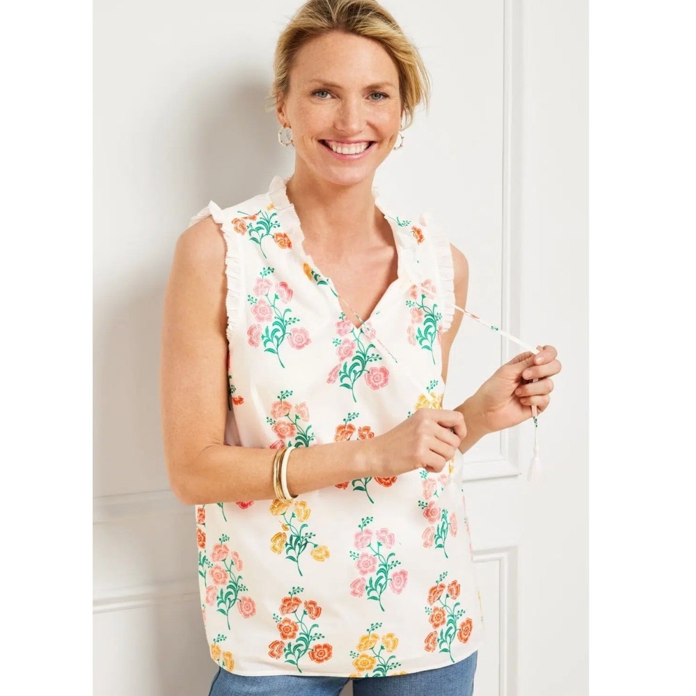 Talbots Plus Womens 3X Stamped Ditsy Ruffle Trim Shell White Floral Cotton Tank